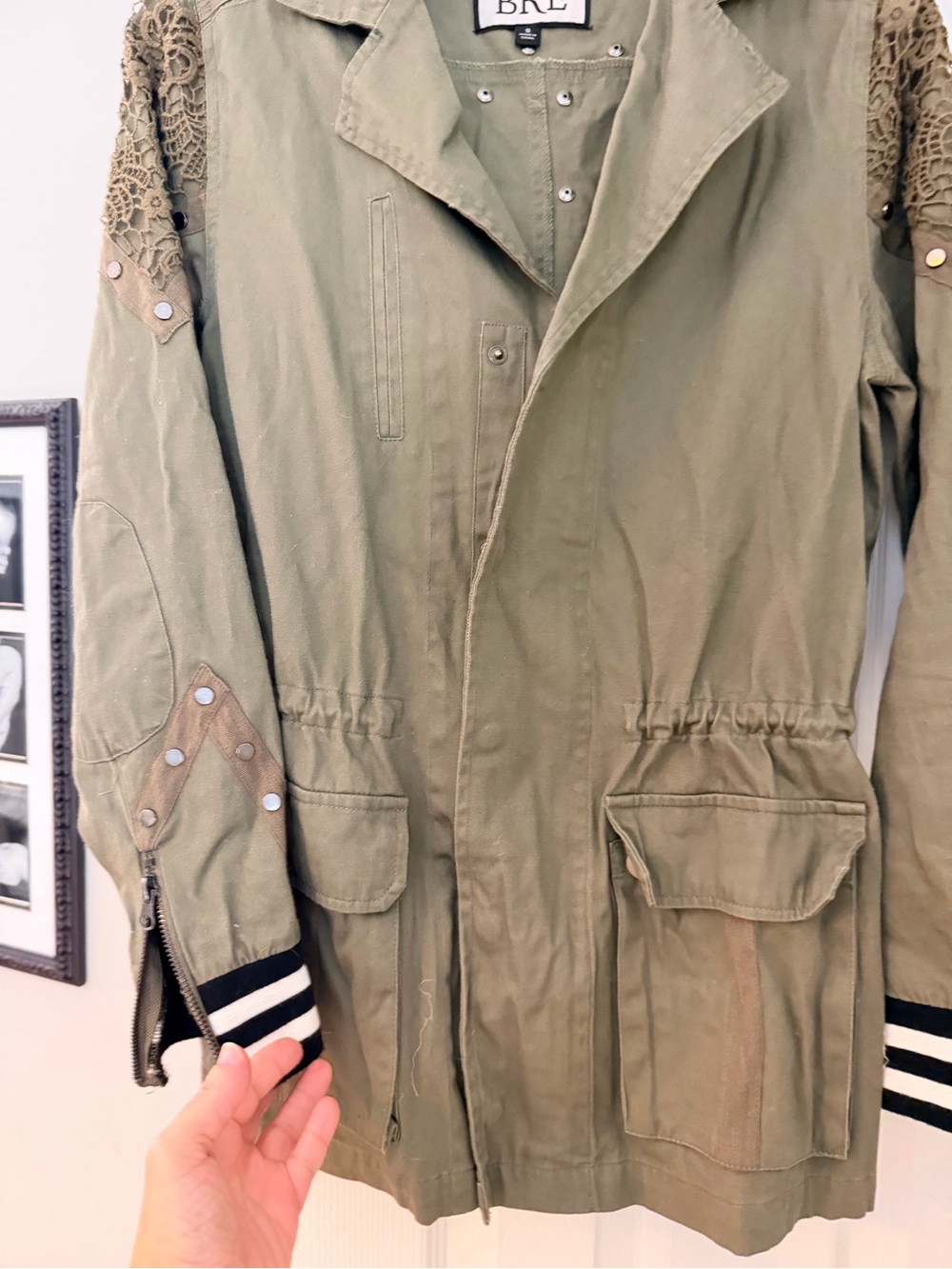 BKE Army Green Military Field Jacket with Striped Cuffs